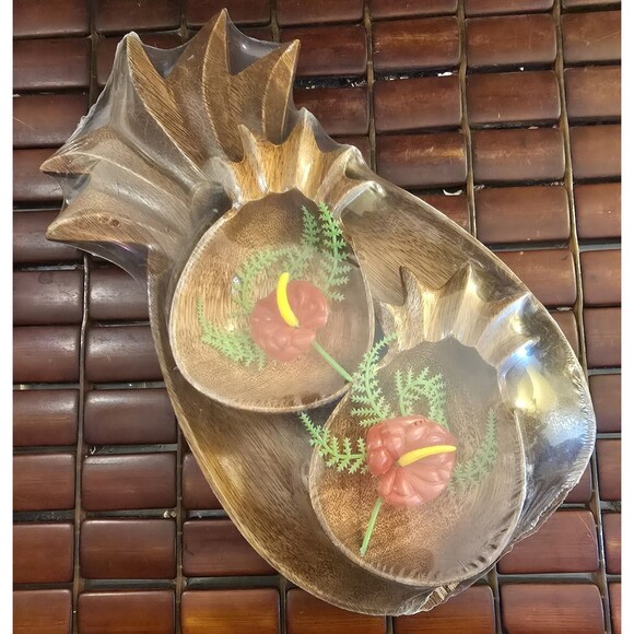 Set Of 3 Pineapple Shaped Monkey Pod Wooden Luau Bowls Sealed Vintage NOS - Picture 1 of 3